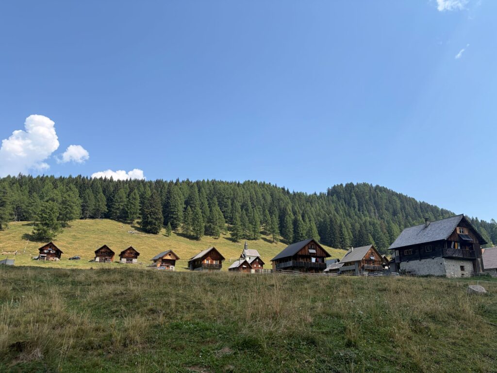 Zicht op de Egger Alm in het Gailtal met op de voorgrond de alm met houten hutjes en op de achtergrond bergen met dennen en een blauwe lucht